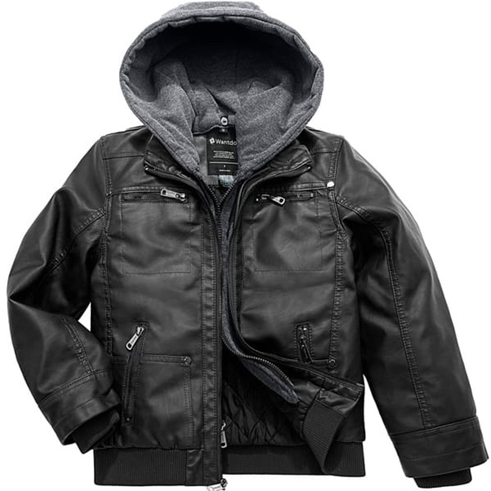 Wantdo Kids Faux Leather Jacket with Removable Hood